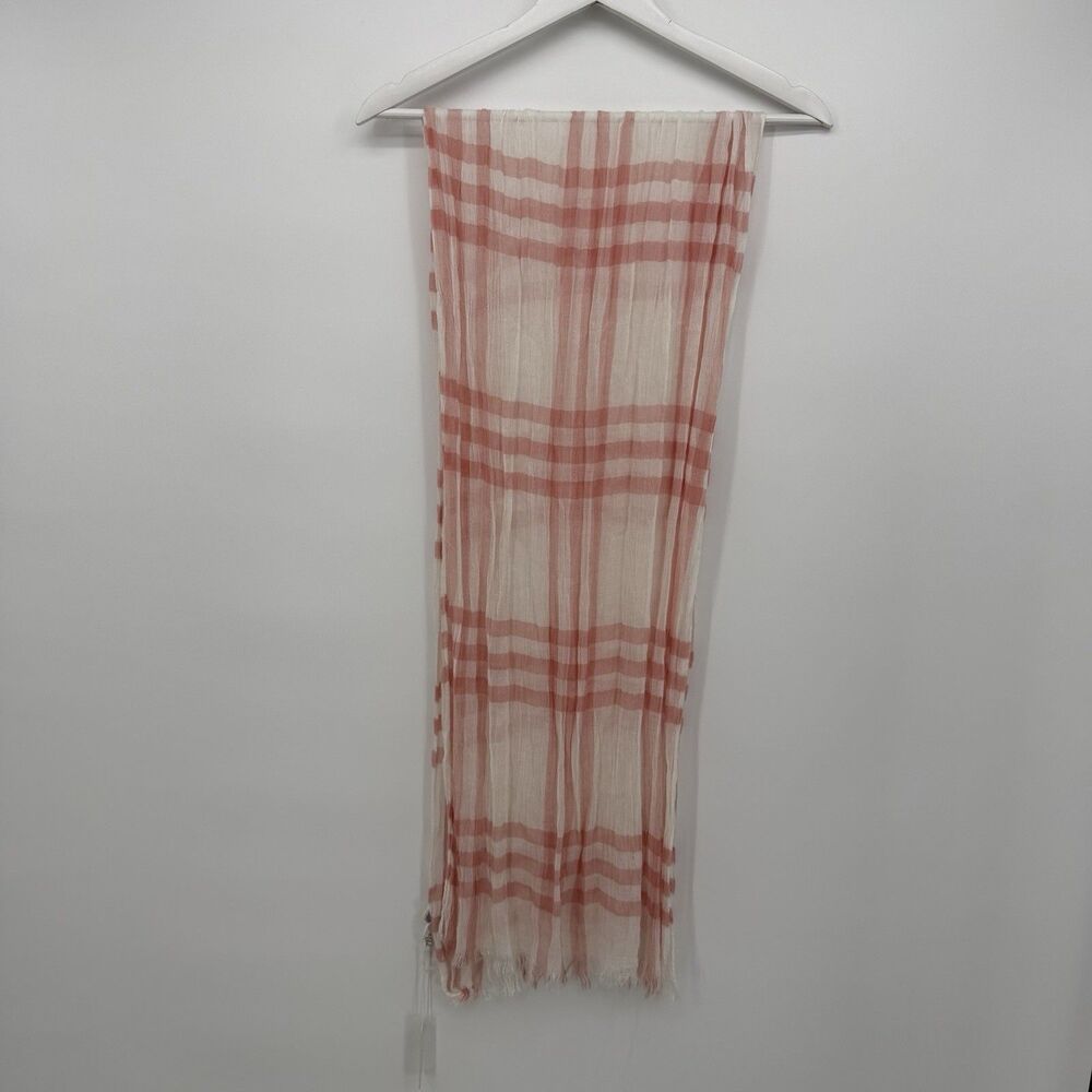 Charming Charlie Pink & White Stripe Plaid Fringe Long Rectangle Scarf Preppy